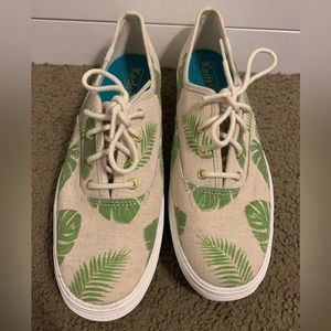 ANTHROPOLOGIE KEDS Cream Green Palm Leaf Platform Sneakers Size 9
